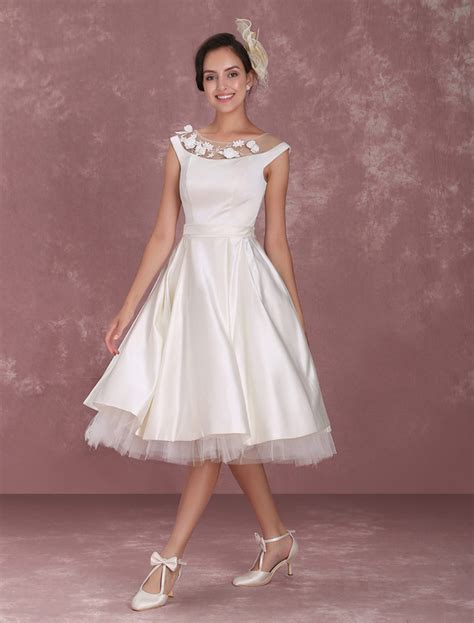 Tea Length Ivory Reception Wedding Dress With Sheer Lace Milanoo