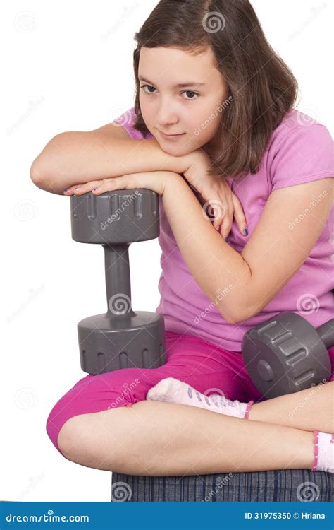 Девочка подросток держа вес Стоковое Фото изображение насчитывающей работать весы 31975350
