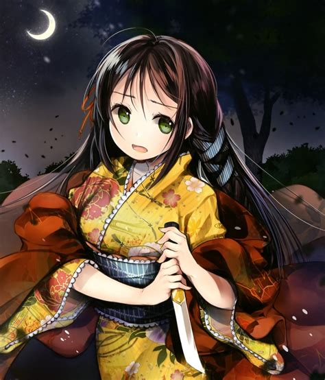 Wallpaper Anime Girl Black Hair Kimono Crescent Knife Worried Expression Night