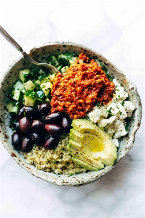 Mediterranean Quinoa Bowls With Roasted Red Pepper Sauce Pinch Of Yum
