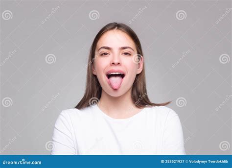 Beautiful Modern Model Shows Tongue Model With Sticking Tongue Out Girl Showing Tongue Stock