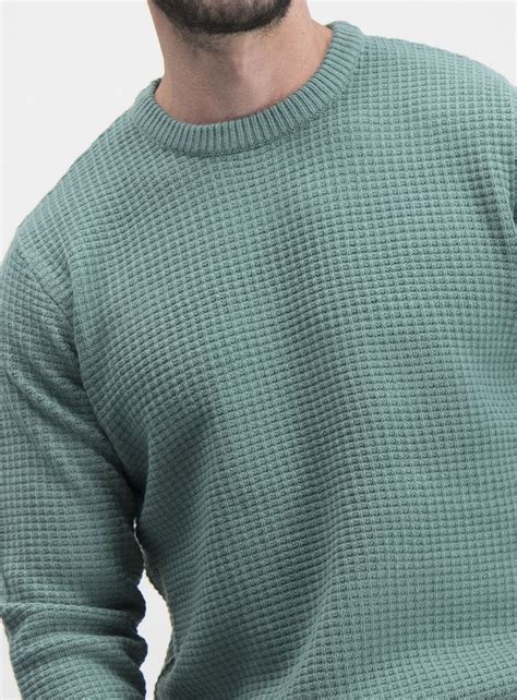 Mens Light Teal Waffle Knit Crew Neck Jumper Mens Fashion Sweaters