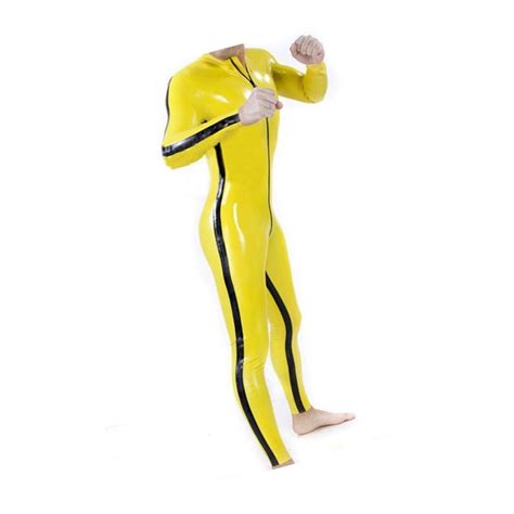 04mm Thickness Yellow Rubber Latex Mens Catsuit With Side Line Front