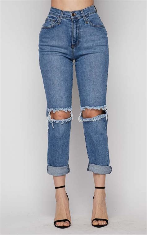 Vibrant Cut Out Ripped Knee High Waisted Mom Jeans