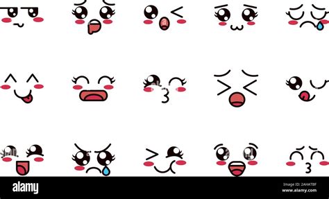 Kawaii Cute Face Expressions Eyes And Mouth Icons Set Vector Illustration Stock Vector Image
