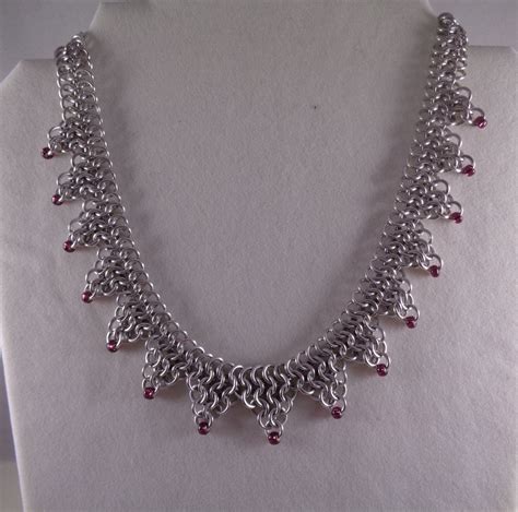 Chainmail Necklace With Burgundy Beads Chainmaille Necklace Etsy