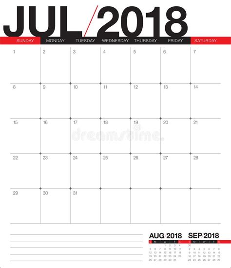 July 2018 Calendar Planner Vector Illustration Stock Vector