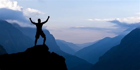 Man Hiking Success Silhouette In Mountains Beating Trauma