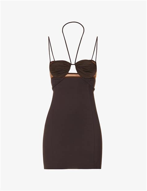 Nensi Dojaka Synthetic Cut Out Sheer Panel Stretch Woven Mini Dress In Chocolate Brown Lyst