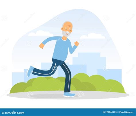 Old Man Running Along Street Side Doing Sport Vector Illustration Stock
