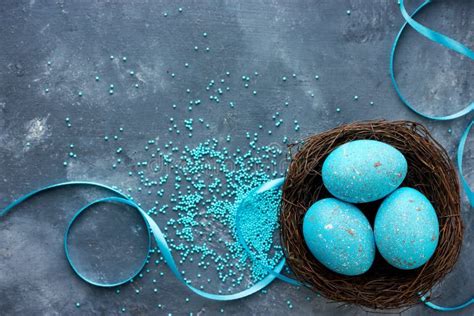 Three Blue Speckled Eggs In Bird Nest Easter Holiday Decorations