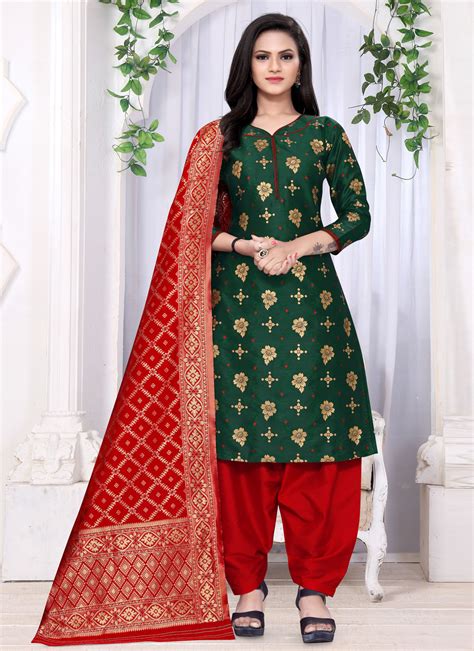 Buy Online Banarasi Silk Green Punjabi Suit 177572