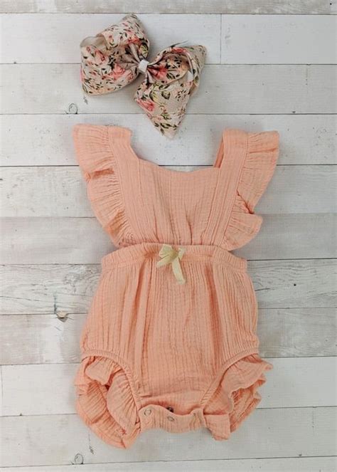 Apricot Cotton Crepe Ruffled Onesie For Girls Apron Style Straps Tie