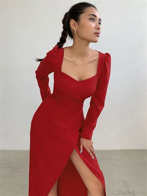 Wholesale Solid Fitted Puff Sleeve Long Sleeve Dress Qcm100826