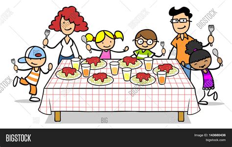 Cartoon family and children around lunch table with spaghetti noodles Stock Photo & Stock Images ...