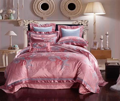 Pink Silk Cotton Satin Jacquard Luxury Bedding Set Queen King Size Bedding Sets Bed Sheet Spread