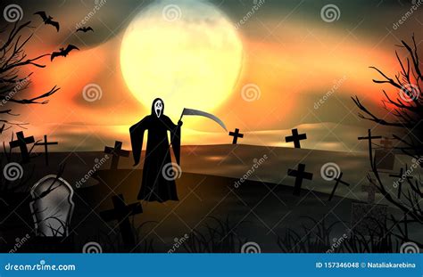 Grim Reaper In Graveyard Standing On Night Full Moon Glow Halloween