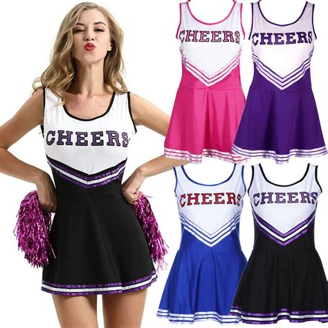 New Ladies Cheerleader Costume School Girl Outfits Fancy Dress Cheer Leader Uniform Purpleblack