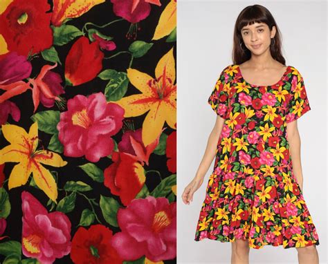 Bright Floral Dress 90s Tropical Flower Print Dress Flounce Vintage