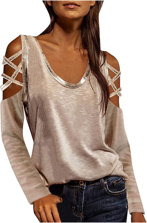 Cold Shoulder Tops For Women Long Sleeve Plus Size Shirts Sexy Strappy Cutout Round Neck Tee