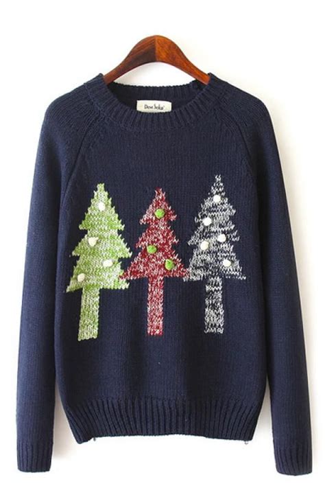 Christmas Trees Print Round Neck Long Sleeve Pullover Sweater Long
