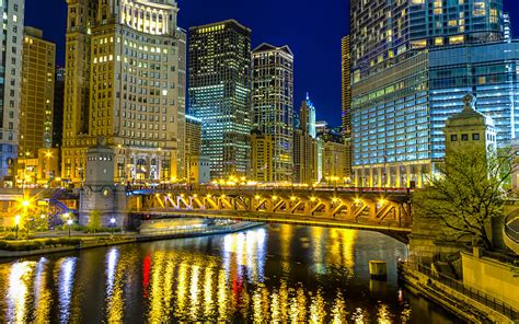Chicago Illinois Architecture Buildings Skyscraper Night Lights Hdr