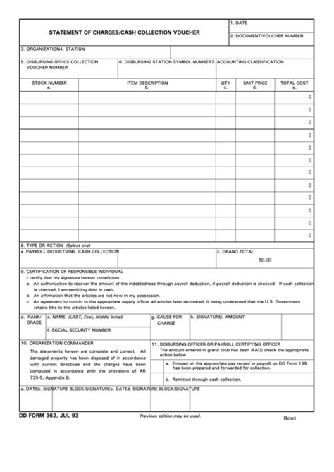 Fillable Dd Form 362 Statement Of Chargescash Collection Voucher