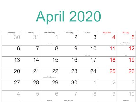 April 2020 Calendar With Holidays Us Uk Canada India