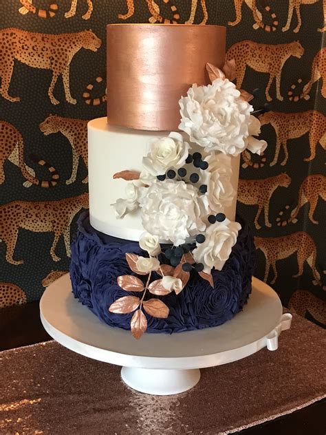 Rose Gold And Navy Blue Wedding Cake Coordinating Sugar Flowers Navy