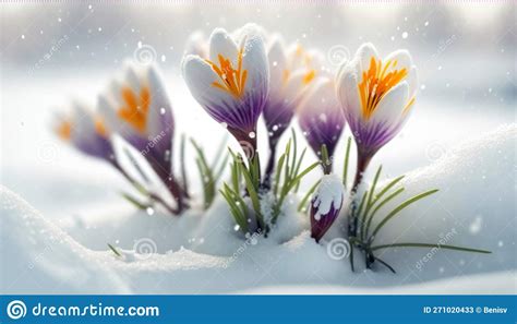 Beautiful Crocus Emerging From Snow At The Edge Of A Forest On A Bright