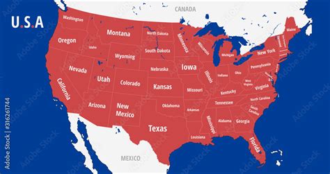 United States Of America Map With States Map Of U S A In Red White