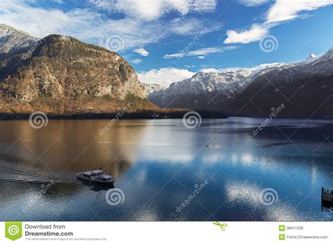 Lake Hallstatt In Alps With Ferry Salzkammergut Austria Stock Photo