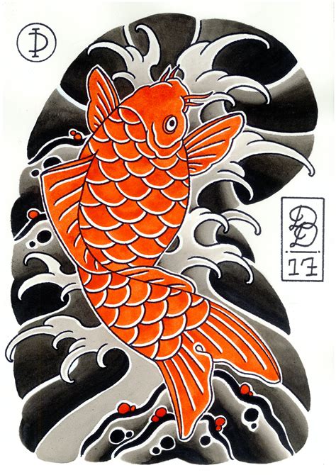 Traditional Japanese Red Koi Tattoo Flash Drawing Design Tatuajes
