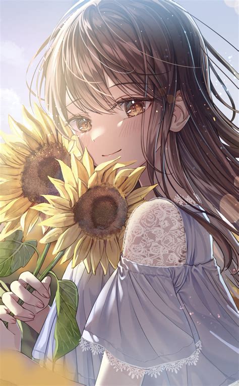 Download Wallpaper 950x1534 Sunflower And Cute Girl Anime Iphone