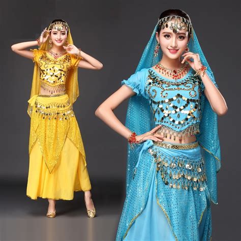 Stage Performance Belly Indian Dance Costumes 4pcsveiltopbeltskirt Short Sleeves Indian