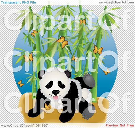 Clipart Cute Playful Panda With Butterflies And Bamboo Royalty Free