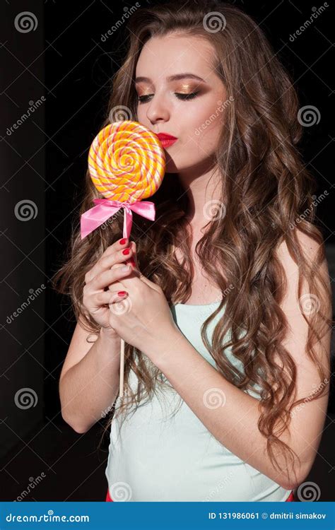 Pretty Girl Eats Sweet Candy Lollipop Candy Stock Image Image Of