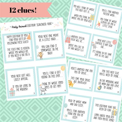 Birthday Scavenger Hunt Clue Cards 12 Clues Simple Fun Party Animal