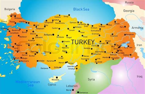 Seterra testet spielerisch erdkundekenntnisse rund um städte, länder und kontinente. Landkarte, türkisch, mittelmeer- | Stock-Vektor | Colourbox