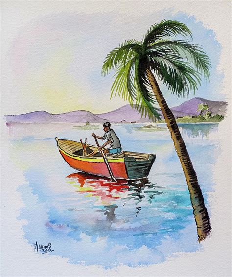 Boat And Palm Painting By Anthony Mwangi Fine Art America