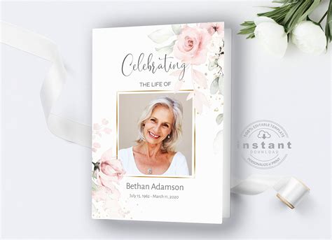 A Card With An Image Of A Woman On It Next To Some White Flowers And Ribbon