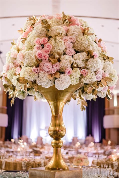 Gold Vase Centerpiece With Hydrangeas And Pink Roses Gold Vase