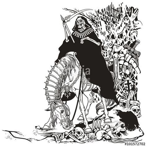 Grim Reaper Sitting On A Horse In Old Cemetery Black And White Vector