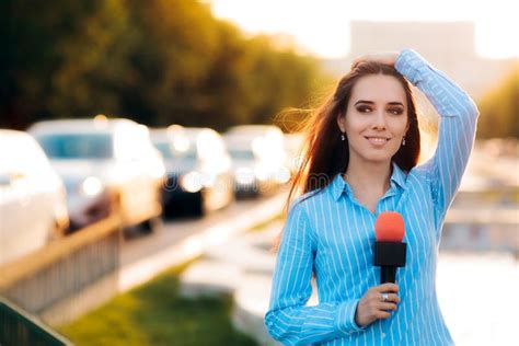 Female News Reporter On Field In Traffic Stock Photo Image Of Casual