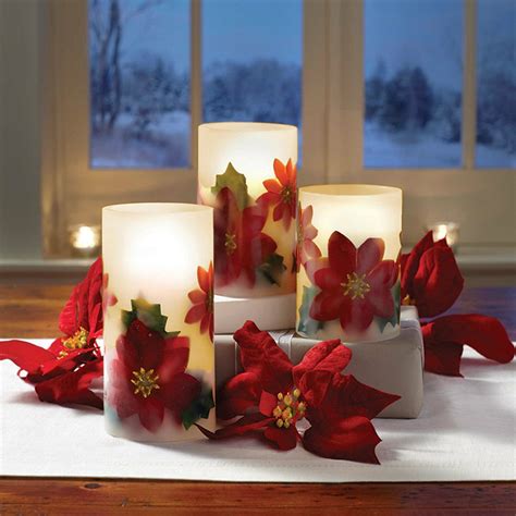 Led Flameless Holiday Poinsettia Pillar Candles Set Of 3 Candles