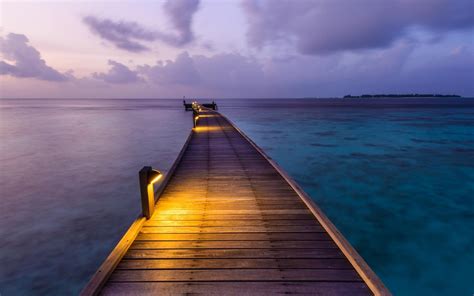 Nature Landscape Clouds Dock Sea Lights Island Sunset Maldives Walkway