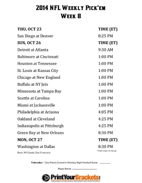 Printable Nfl Week 8 Schedule Pick Em Office Pool 2014 Nfl Nfl Week