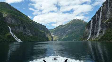 Boat Clouds Mountains Water Nature Geirangerfjord Seven Sisters