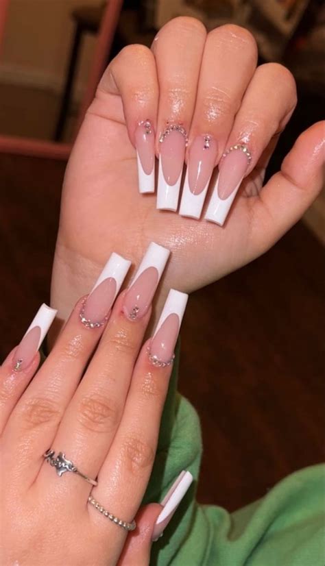 White French Tip With Rhinestones Nails White Tip Acrylic Nails Long