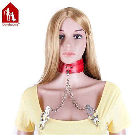 Davidsource Mm Red Leather Collar With Clover Nipple Clamps Adjustable Belt Neck Strap